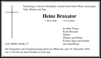 Traueranzeige von Heinz Braxator von Licher Wochenblatt, Licher Wochenblatt, Licher Wochenblatt