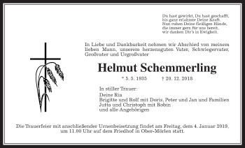 Traueranzeige von Helmut Schemmerling von Wetterauer Zeitung, Wetterauer Zeitung