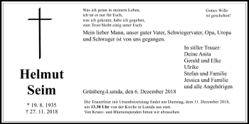 Traueranzeige von Helmut Seim von Giessener Allgemeine, Alsfelder Allgemeine