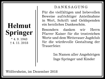 Traueranzeige von Helmut Springer von Wetterauer Zeitung, Wetterauer Zeitung