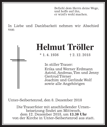 Traueranzeige von Helmut Tröller von Alsfelder Allgemeine