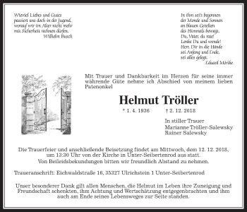 Traueranzeige von Helmut Tröller von Alsfelder Allgemeine