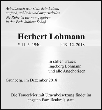 Traueranzeige von Herbert Lohmann von Giessener Allgemeine, Alsfelder Allgemeine