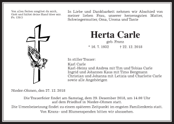 Traueranzeige von Herta Carle von Giessener Allgemeine, Alsfelder Allgemeine