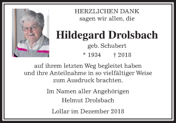 Traueranzeige von Hildegard Drolsbach von Giessener Allgemeine, Alsfelder Allgemeine
