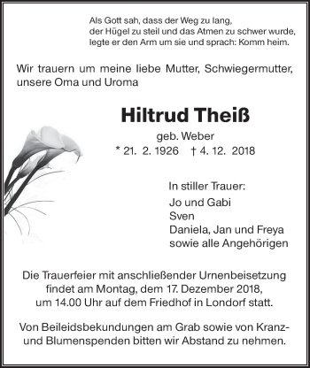 Traueranzeige von Hiltrud Theiß von Giessener Allgemeine, Alsfelder Allgemeine
