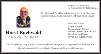 Traueranzeige von Horst Buchwald von Wetterauer Zeitung, Wetterauer Zeitung