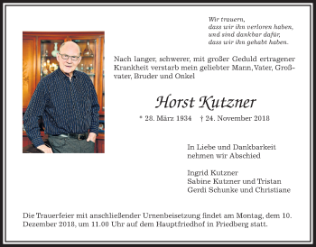 Traueranzeige von Horst Kutzner von Wetterauer Zeitung, Wetterauer Zeitung