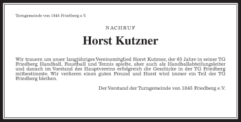 Traueranzeige von Horst Kutzner von Wetterauer Zeitung, Wetterauer Zeitung