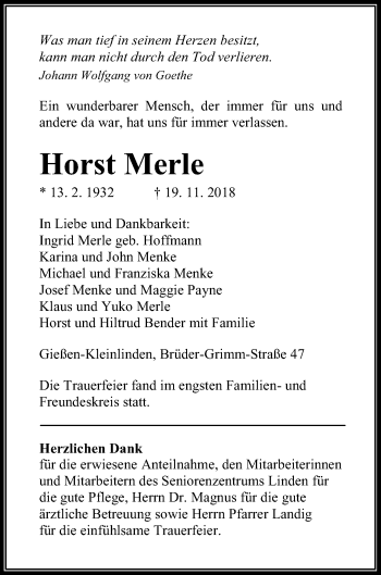Traueranzeige von Horst Merle von Giessener Allgemeine, Alsfelder Allgemeine