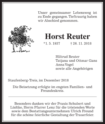 Traueranzeige von Horst Reuter von Giessener Allgemeine, Alsfelder Allgemeine