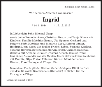 Traueranzeige von Ingrid  von Giessener Allgemeine, Alsfelder Allgemeine
