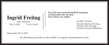 Traueranzeige von Ingrid Freitag von Giessener Allgemeine, Alsfelder Allgemeine