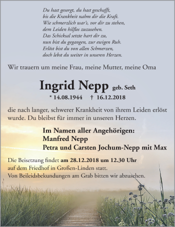 Traueranzeige von Ingrid Nepp von Giessener Allgemeine, Alsfelder Allgemeine