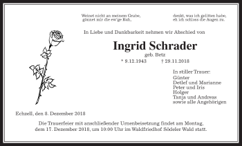 Traueranzeige von Ingrid Schrader von Wetterauer Zeitung, Wetterauer Zeitung