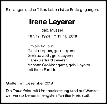 Traueranzeige von Irene Leyerer von Giessener Allgemeine, Alsfelder Allgemeine