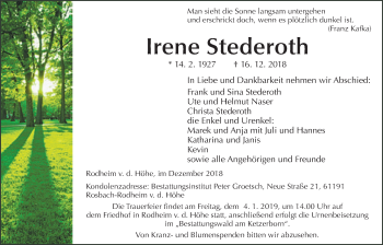 Traueranzeige von Irene Stederoth von Wetterauer Zeitung, Wetterauer Zeitung