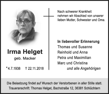 Traueranzeige von Irma Helget von Wetterauer Zeitung, Wetterauer Zeitung
