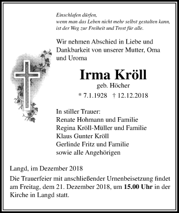 Traueranzeige von Irma Kröll von Licher Wochenblatt, Licher Wochenblatt, Licher Wochenblatt