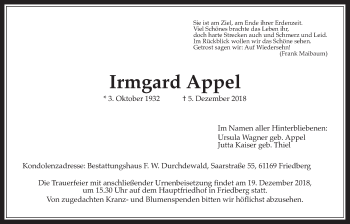 Traueranzeige von Irmgard Appel von Wetterauer Zeitung, Wetterauer Zeitung