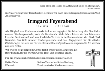 Traueranzeige von Irmgard Feyerabend von Wetterauer Zeitung, Wetterauer Zeitung