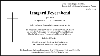 Traueranzeige von Irmgard Feyerabend von Wetterauer Zeitung, Wetterauer Zeitung