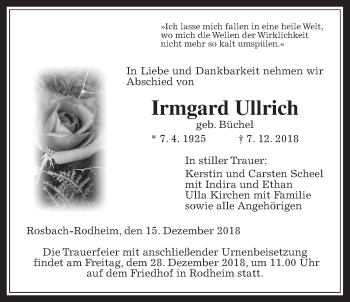 Traueranzeige von Irmgard Ullrich von Wetterauer Zeitung, Wetterauer Zeitung