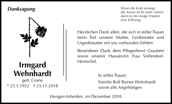 Traueranzeige von Irmgard Wehnhardt von Licher Wochenblatt, Licher Wochenblatt, Licher Wochenblatt