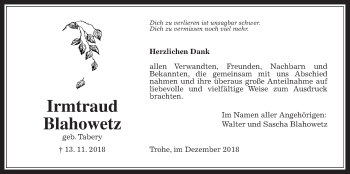 Traueranzeige von Irmtraud Blahowetz von Giessener Allgemeine, Alsfelder Allgemeine
