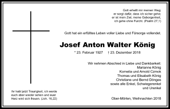 Traueranzeige von Josef Anton Walter König von Wetterauer Zeitung, Wetterauer Zeitung