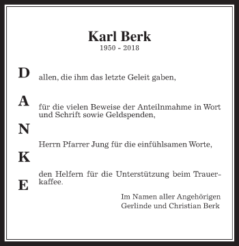 Traueranzeige von Karl Berk von Laubacher Anzeiger