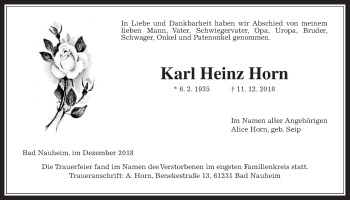 Traueranzeige von Karl Heinz Horn von Wetterauer Zeitung, Wetterauer Zeitung