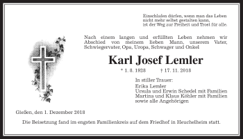 Traueranzeige von Karl Josef Lemler von Giessener Allgemeine, Alsfelder Allgemeine