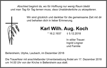 Traueranzeige von Karl Wilh. Aug. Koch von Licher Wochenblatt, Licher Wochenblatt, Licher Wochenblatt