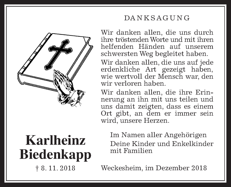  Traueranzeige für Karlheinz Biedenkapp vom 14.12.2018 aus Wetterauer Zeitung, Wetterauer Zeitung