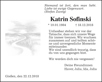 Traueranzeige von Katrin Sofinski von Giessener Allgemeine, Alsfelder Allgemeine