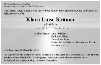 Traueranzeige von Klara Krämer von Giessener Allgemeine, Alsfelder Allgemeine