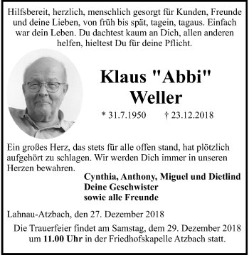 Traueranzeige von Klaus Weller von Giessener Allgemeine, Alsfelder Allgemeine