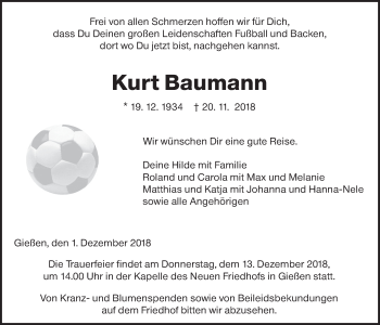 Traueranzeige von Kurt Baumann von Giessener Allgemeine, Alsfelder Allgemeine