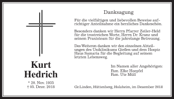 Traueranzeige von Kurt Hedrich von Giessener Allgemeine, Alsfelder Allgemeine