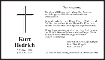 Traueranzeige von Kurt Hedrich von Giessener Allgemeine, Alsfelder Allgemeine