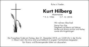 Traueranzeige von Kurt Hilberg von Giessener Allgemeine, Alsfelder Allgemeine