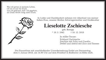 Traueranzeige von Lieselotte Zschiesche von Wetterauer Zeitung, Wetterauer Zeitung