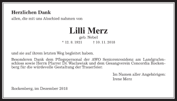 Traueranzeige von Lilli Merz von Wetterauer Zeitung, Wetterauer Zeitung