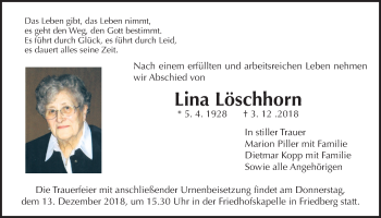 Traueranzeige von Lina Löschhorn von Wetterauer Zeitung, Wetterauer Zeitung