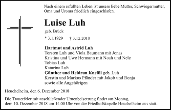 Traueranzeige von Luise Luh von Giessener Allgemeine, Alsfelder Allgemeine