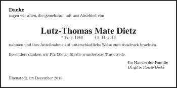 Traueranzeige von Lutz-Thomas Mate Dietz von Wetterauer Zeitung, Wetterauer Zeitung