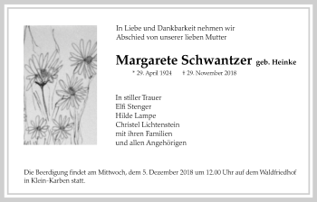 Traueranzeige von Margarete Schwantzer von Wetterauer Zeitung