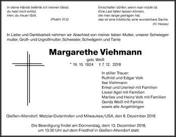 Traueranzeige von Margarethe Viehmann von Giessener Allgemeine, Alsfelder Allgemeine