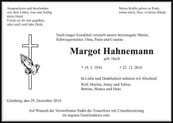 Traueranzeige von Margot Hahnemann von Giessener Allgemeine, Alsfelder Allgemeine